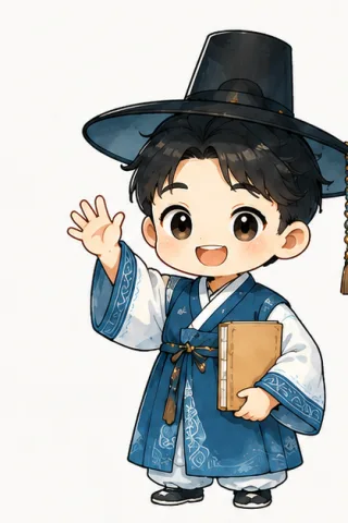 無痛韓語吉祥物:穿韓服揮手的男孩