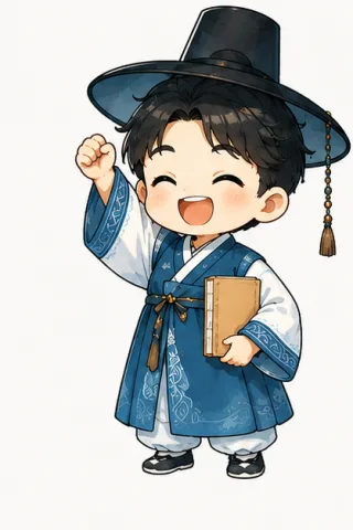 無痛韓語吉祥物:穿韓服歡呼的男孩與女孩